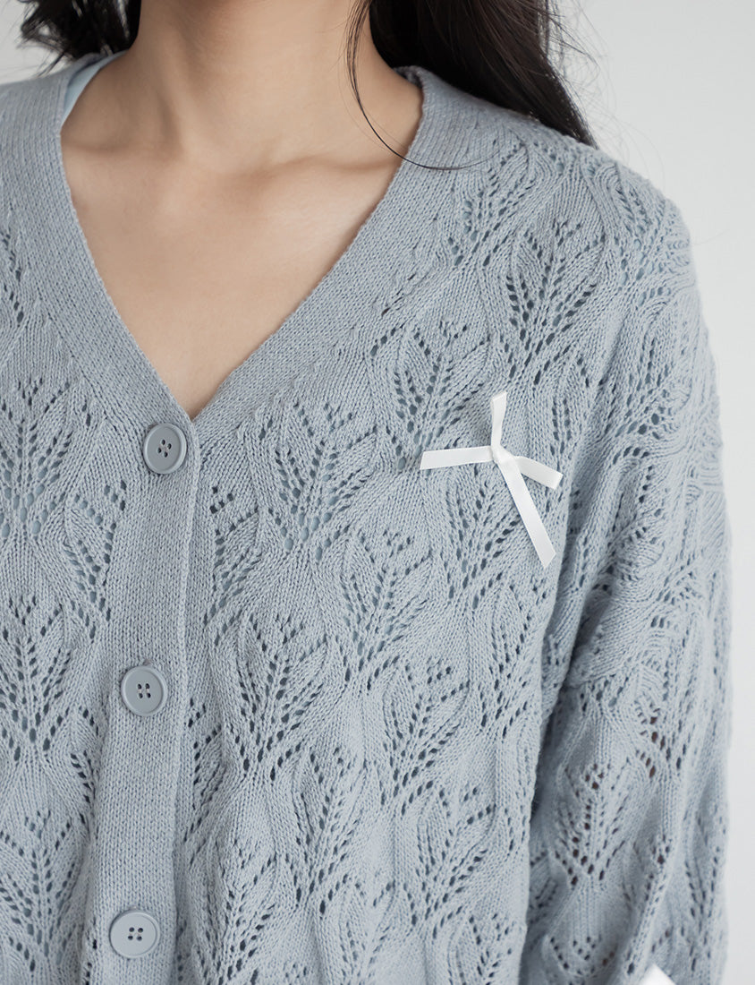Sweet Bow-Detail Openwork Knit Plus Size Cardigan