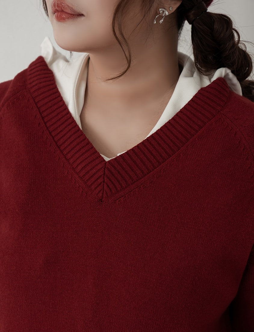 Soft Stretch Warm Multicolor V-Neck Plus Size Long Sleeve Knit Top