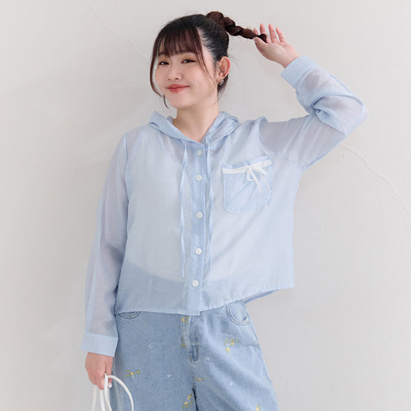 Cute Bow Pocket Sheer Hooded Plus Size Jacket