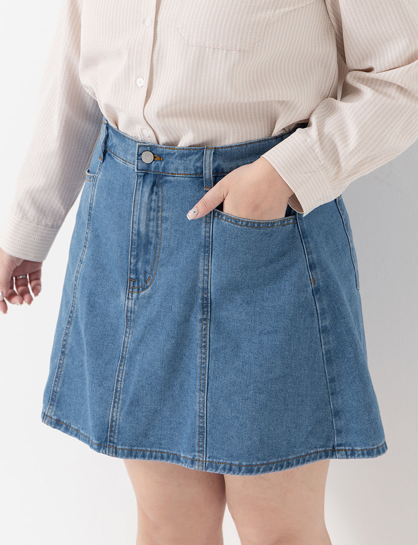 Apple-Shaped Friendly! Perfect Fit Seamed A-Line Denim Plus Size Mini Skirt