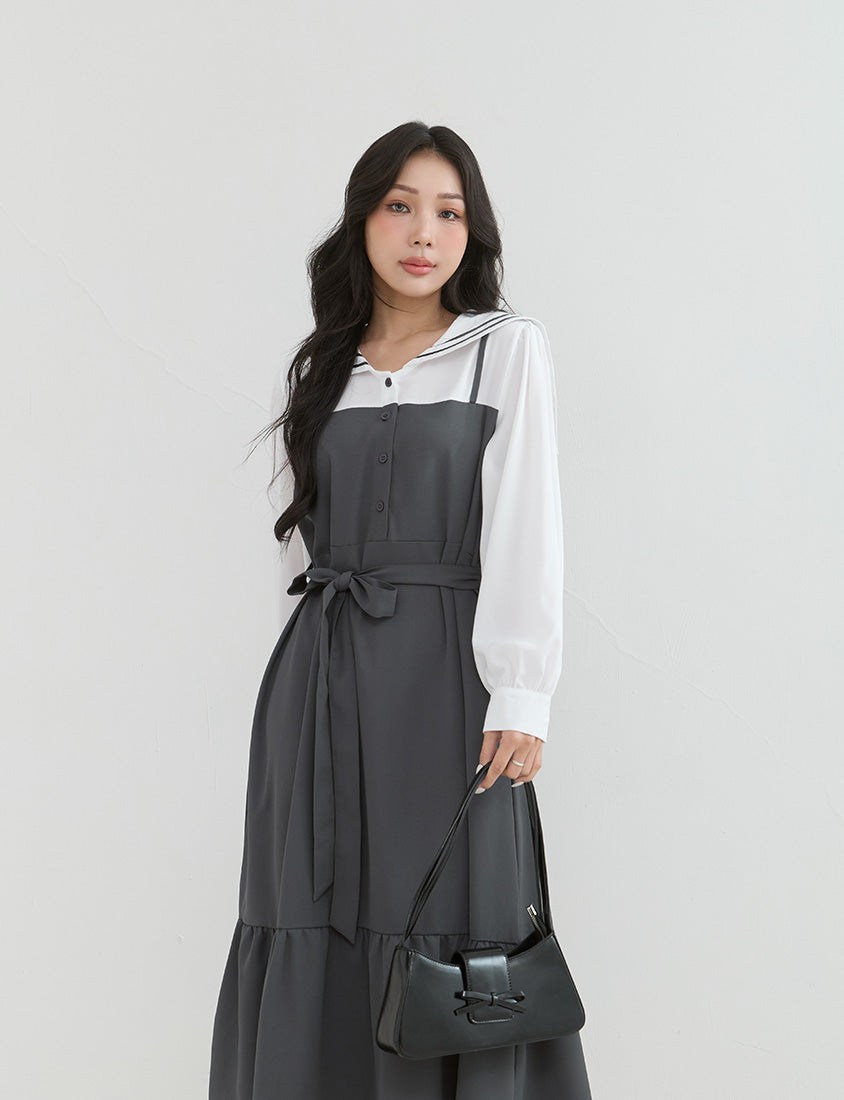 Contrast Sailor Collar Faux Two Piece Plus Size Maxi Dress (With Waist Tie)