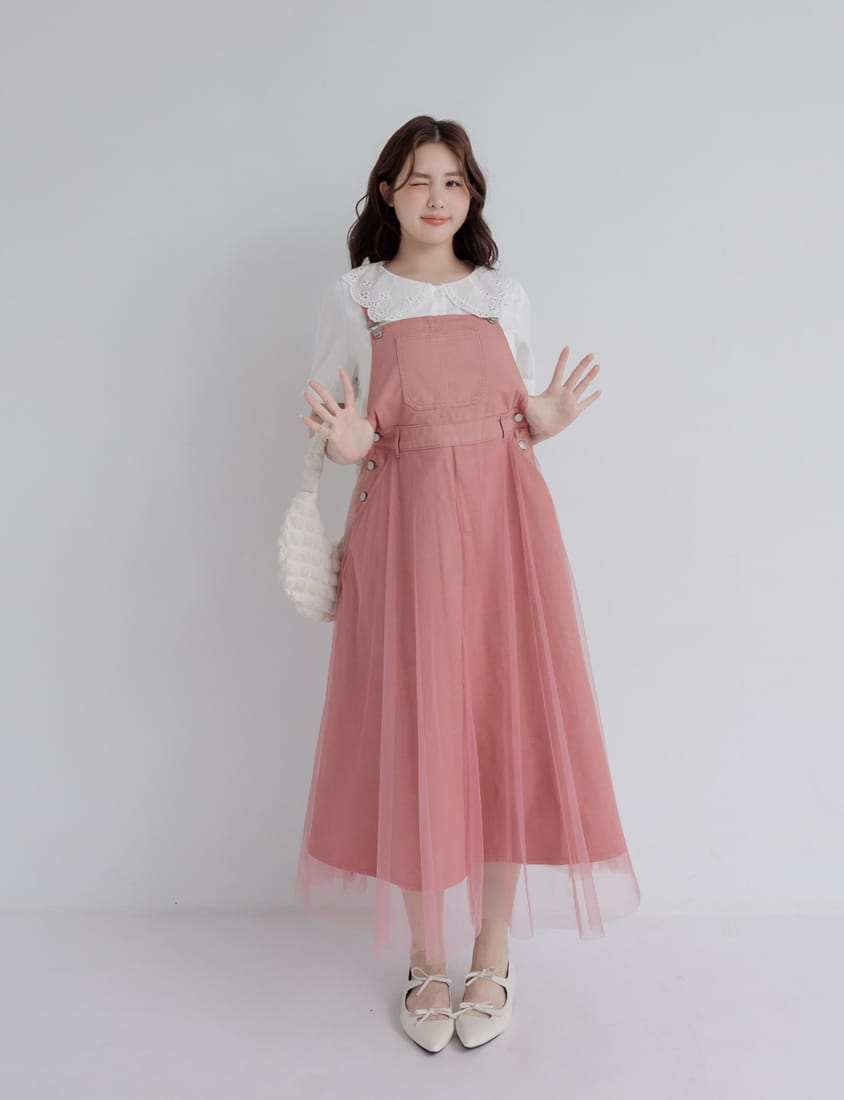 Sweet Adjustable Twill Strap Tulle Panel Plus Size Dress