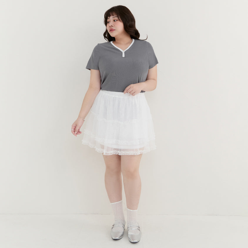 Simple V-Neck Contrast Ribbed Plus Size Tee