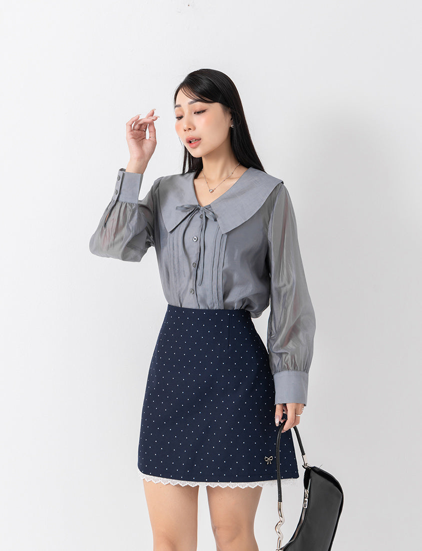 MISS. Lace Trim Polka Dot Tailored A-Line Suit Plus Size Mini Skirt
