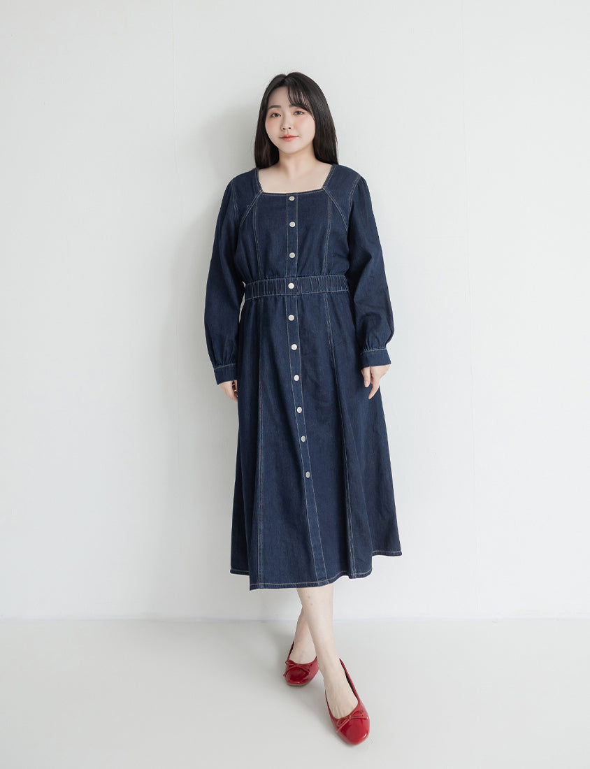 Smock-Waisted Square Neck Faux-Button Denim Plus Size Maxi Dress