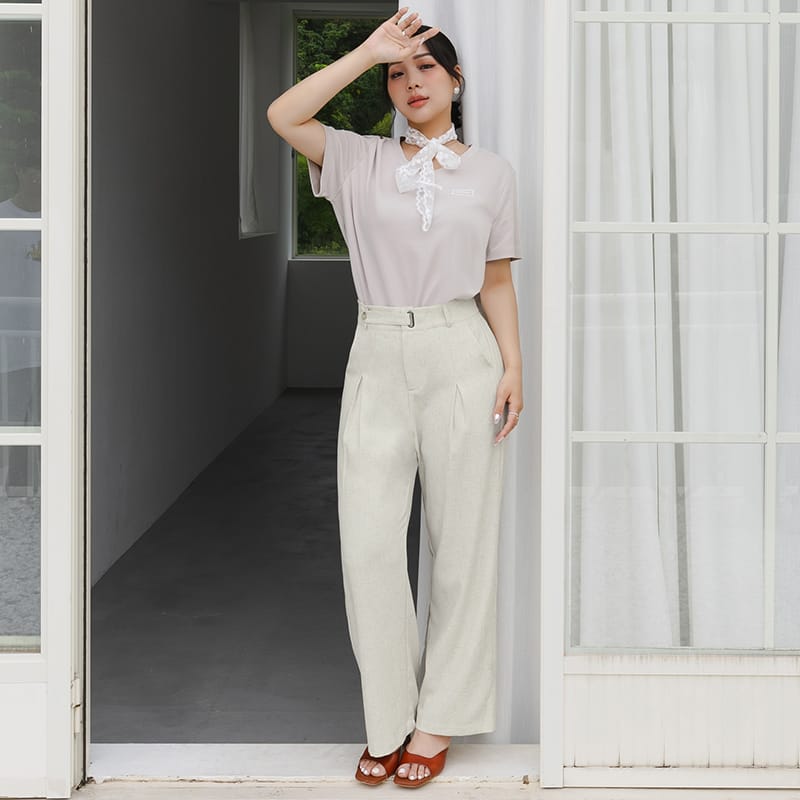 MISS. Cotton Linen Pleated Waist Plus Size Wide Leg Pants