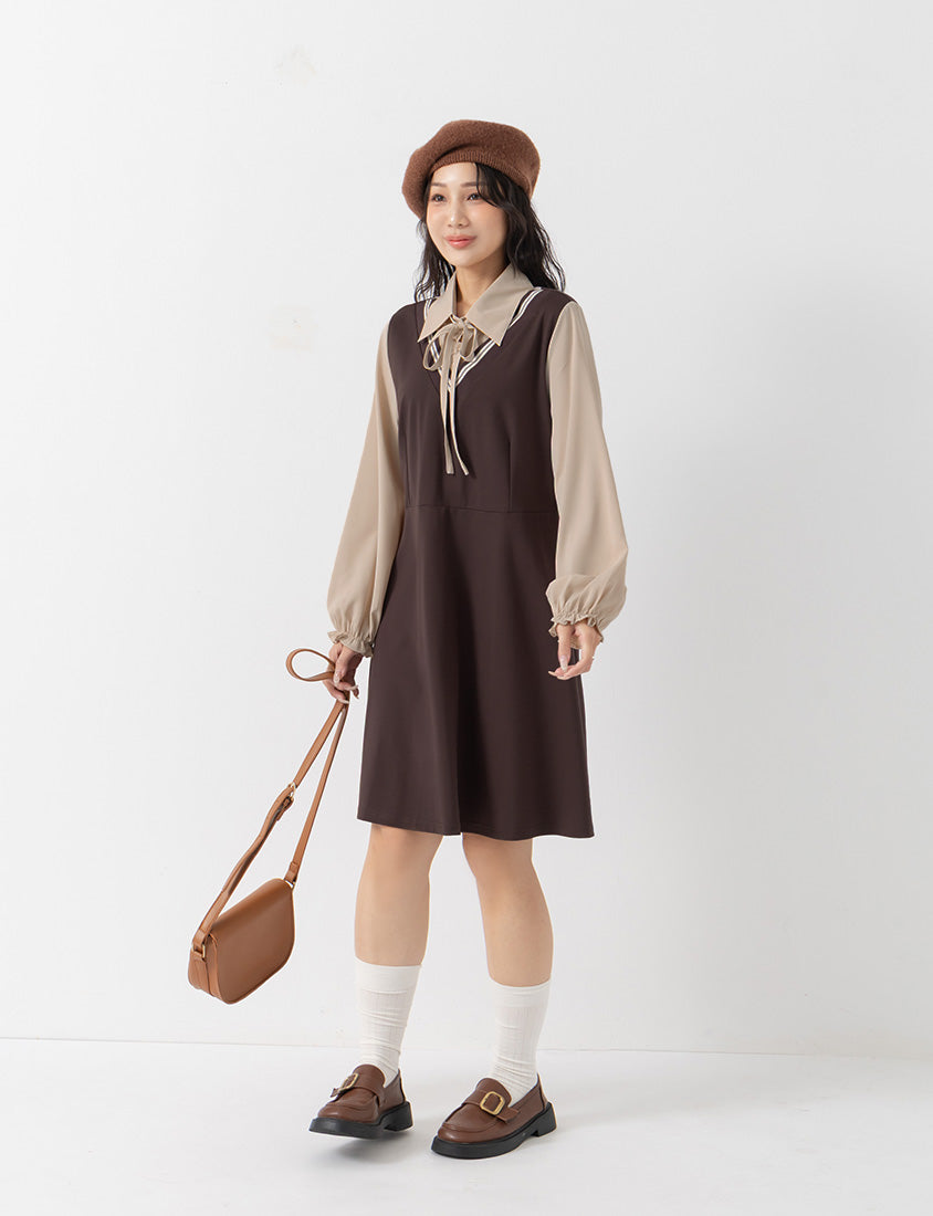 Preppy Contrast Color Faux Two-Piece Plus Size Mini Dress (With Tie)