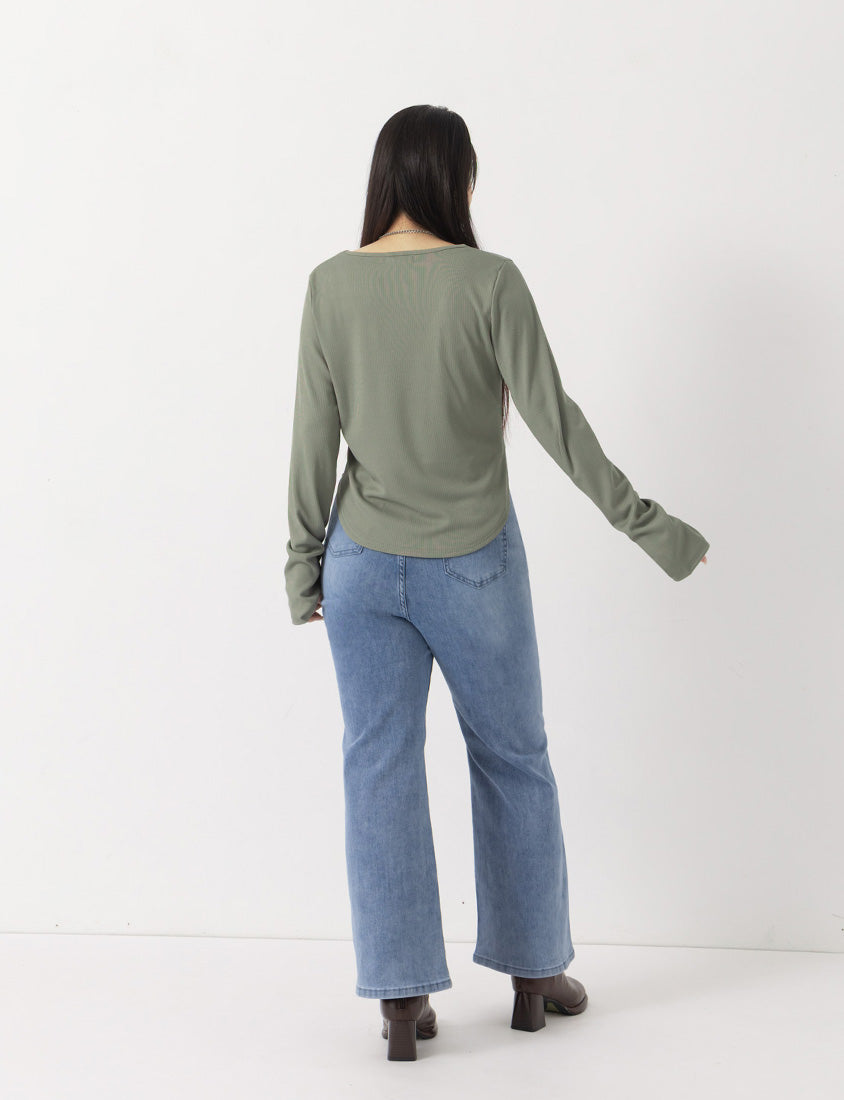 MUA! U-Neck Ribbed Curved Hem Plus Size Long Sleeve Top