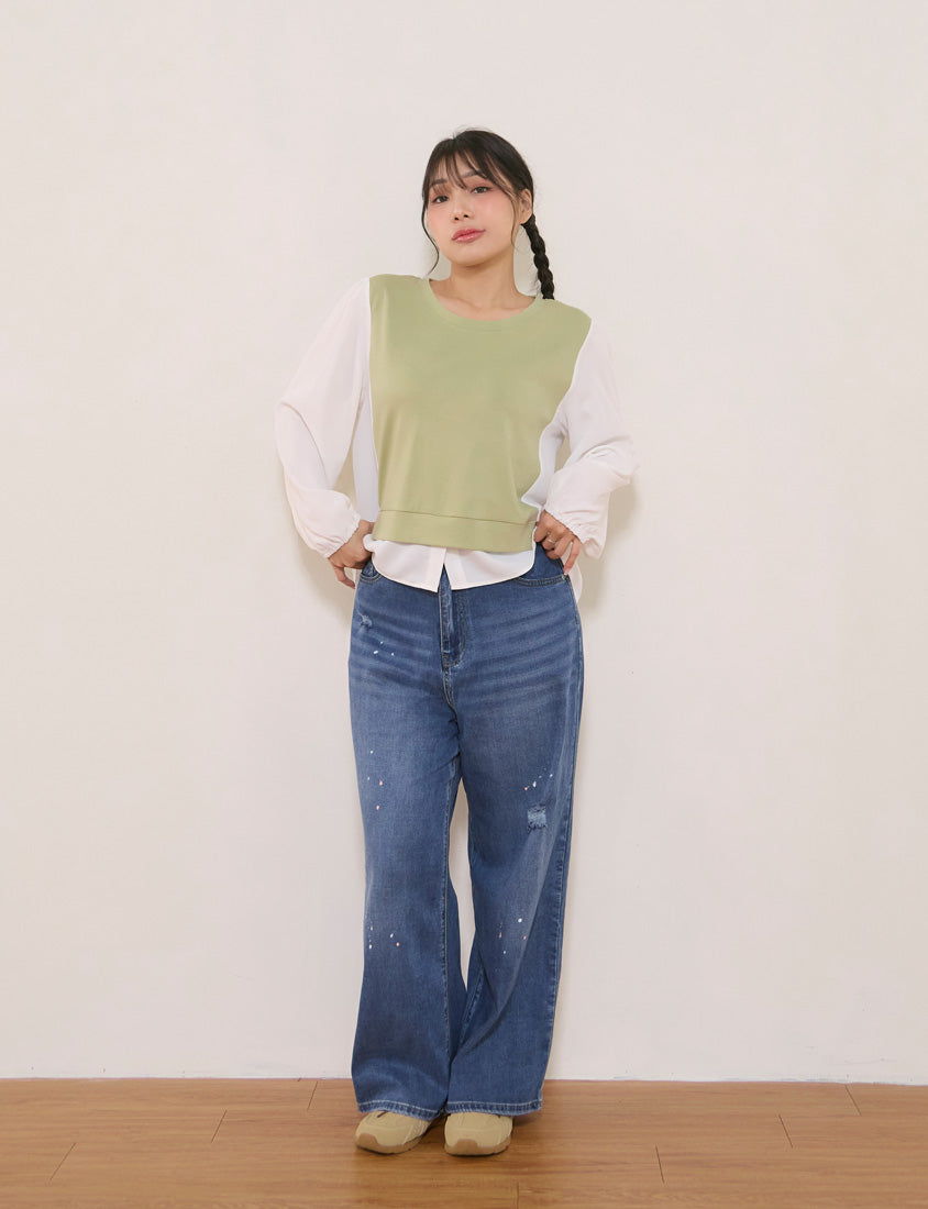 Crewneck Puff Sleeve Faux Two Piece Plus Size Long Sleeve Top