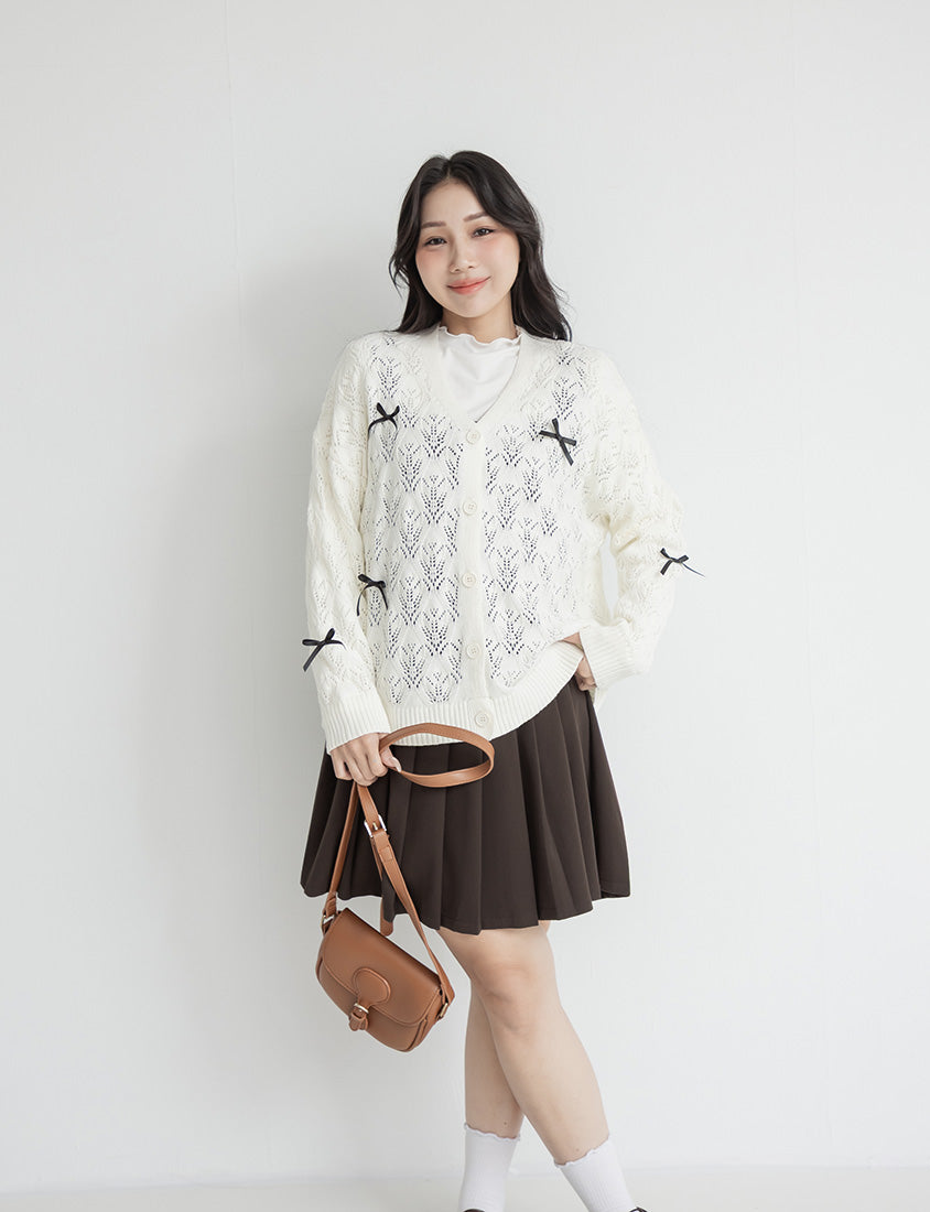 Sweet Bow-Detail Openwork Knit Plus Size Cardigan