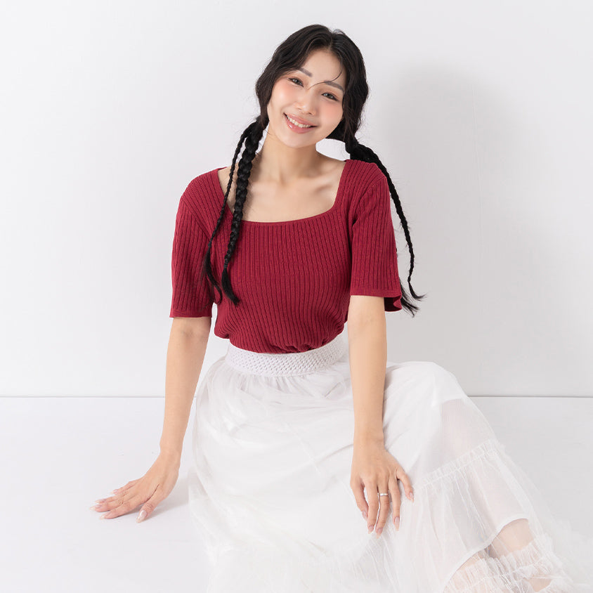 Classic Multicolor Square Neck Ribbed Knit Plus Size Top