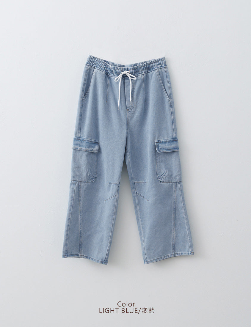 Washed Elastic Waist Plus Size Denim Cargo Pants