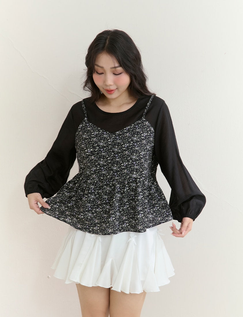Floral Faux Two Piece Sheer Plus Size Long Sleeve Top