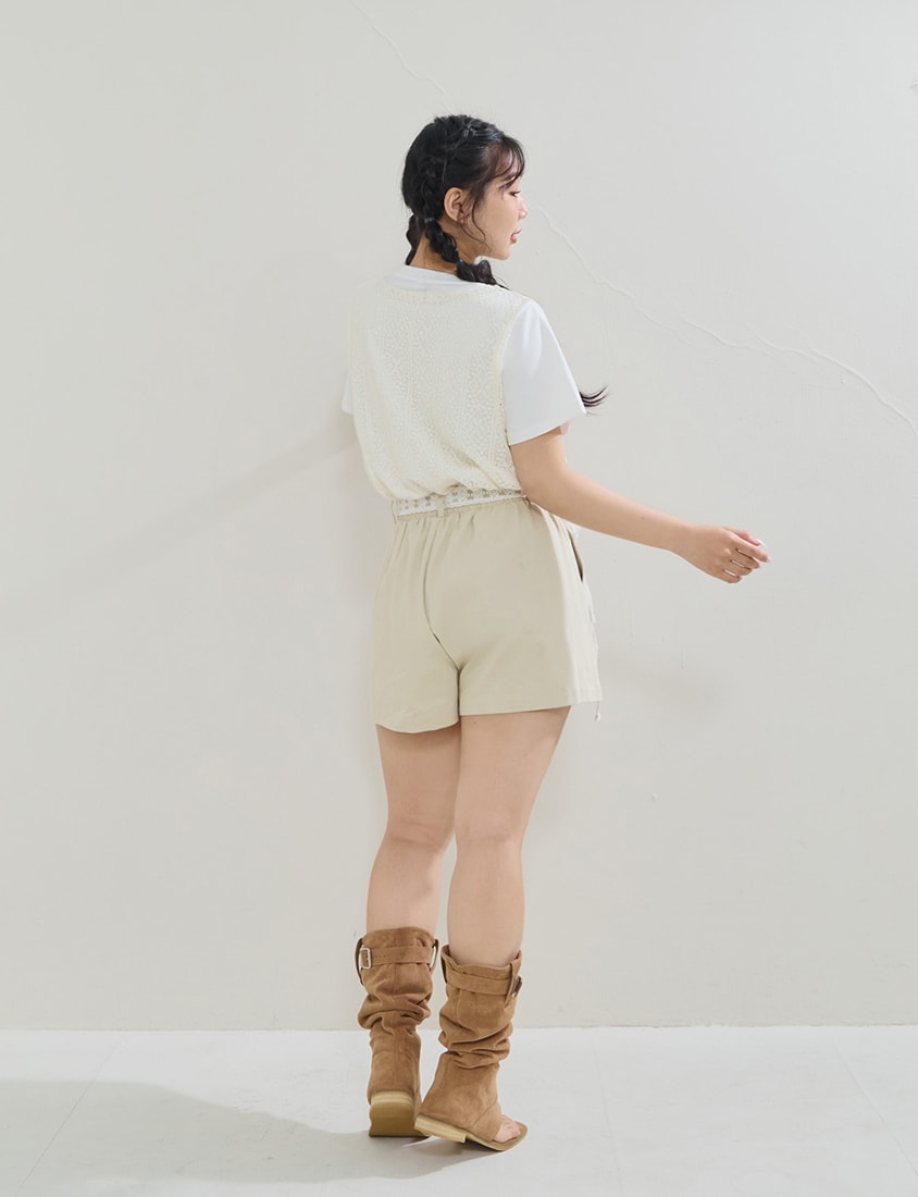 Twill Cotton Plus Size Shorts (With Lace Belt)