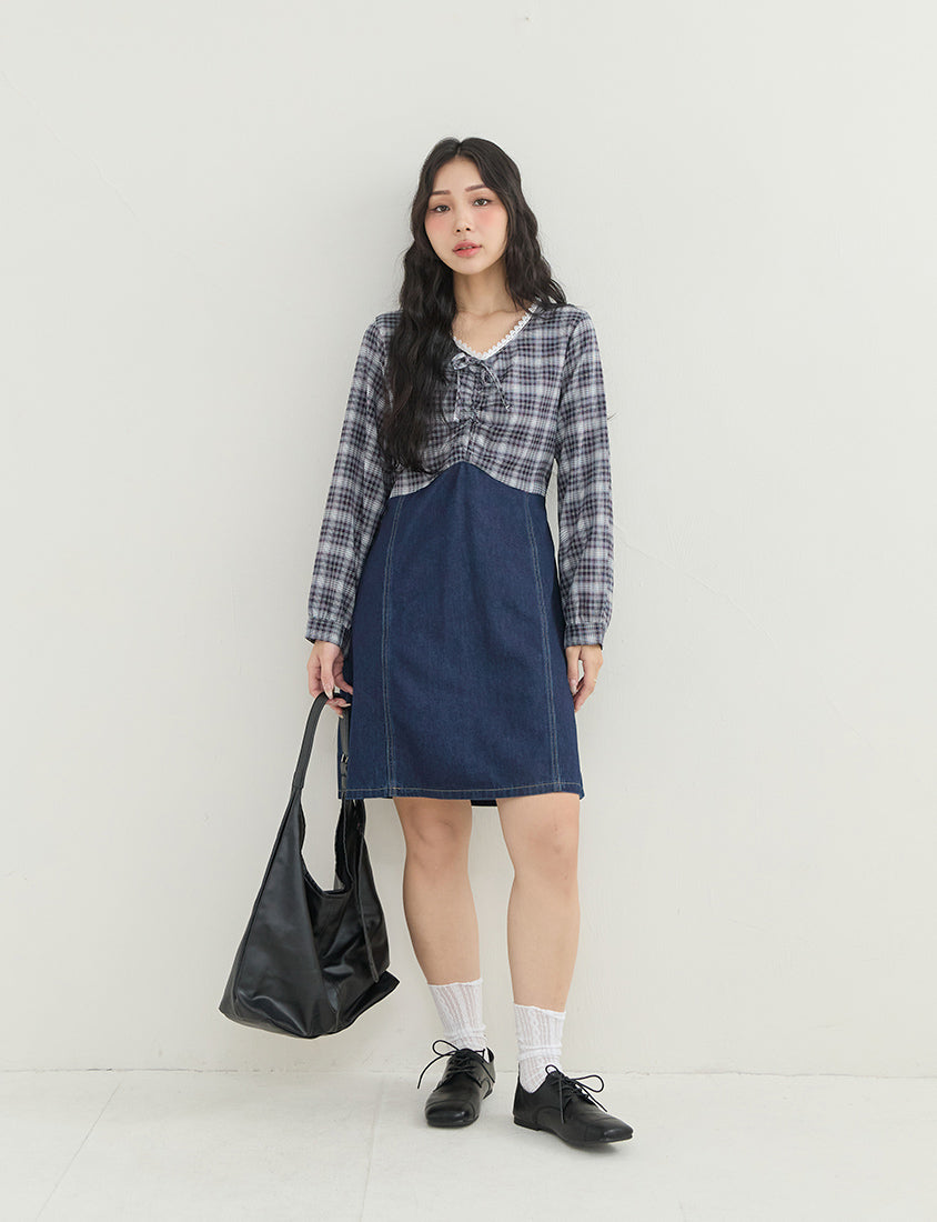 Vintage Plaid Faux Two-Piece Denim Plus Size Mini Dress