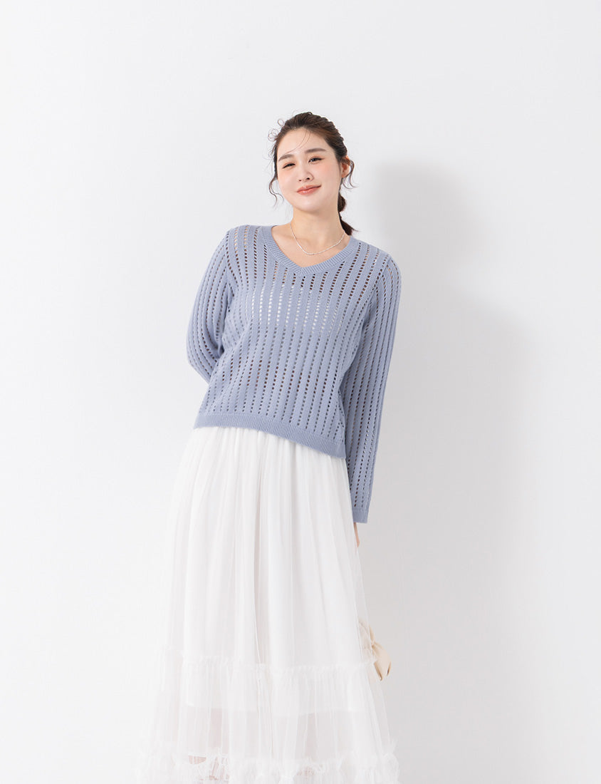 V-Neck Openwork Ribbed Knit Long Sleeve Plus Size Top