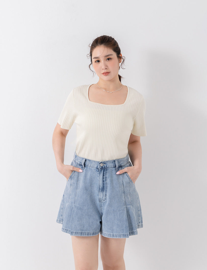 Classic Multicolor Square Neck Ribbed Knit Plus Size Top