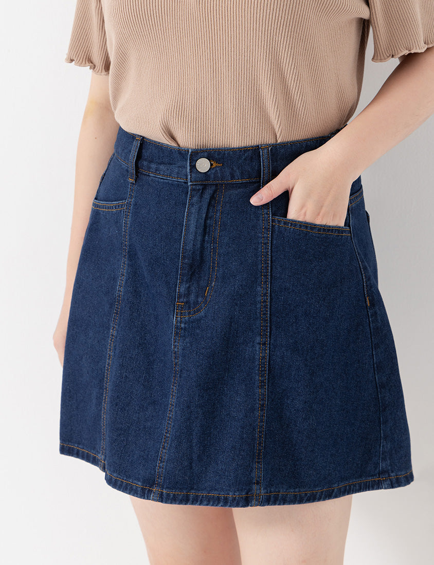 Standard Perfect Fit Seamed A-Line Denim Plus Size Mini Skirt