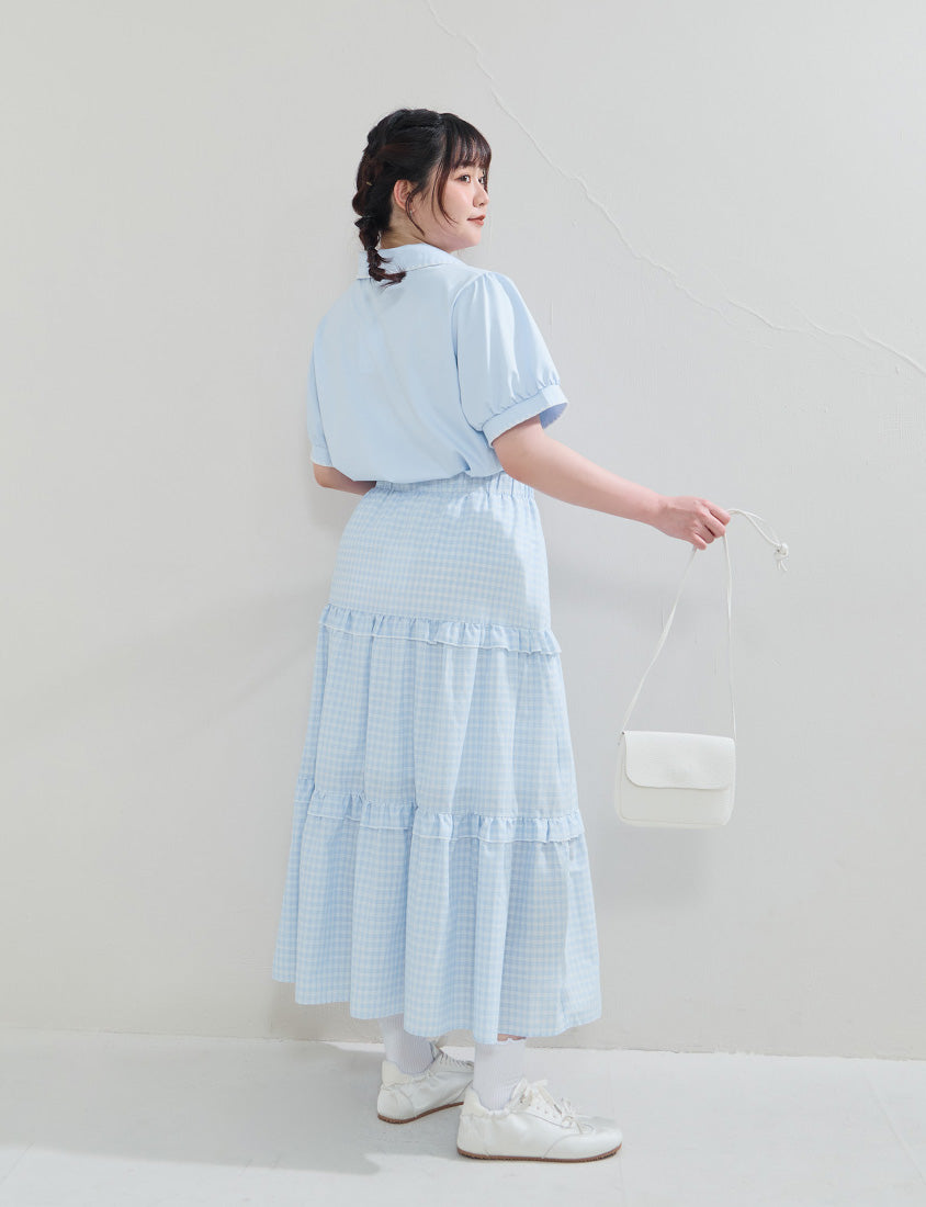 Contrast Embroidered Lace Puff Sleeve Plus Size Shirt