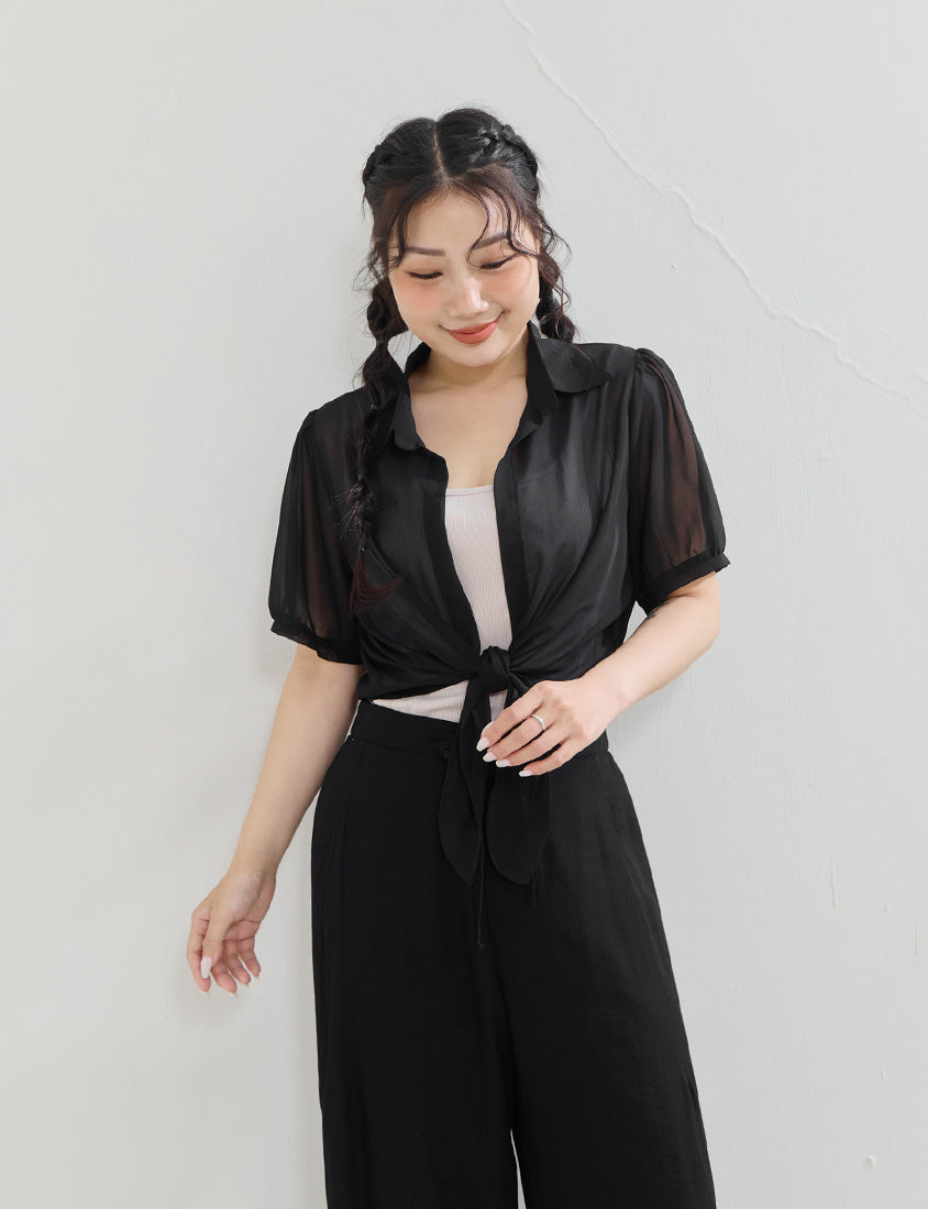 Sheer Tie-Front Collar Plus Size Cardigan