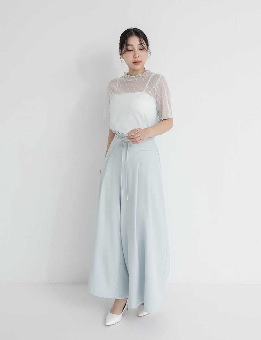 MISS. Pleated Cropped Plus Size Wide Leg Pants (With Waist Tie)