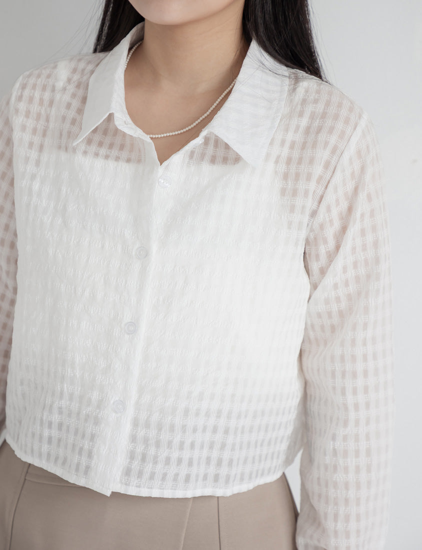 MISS. Sheer Plaid Cropped Plus Size Long Sleeve Shirt