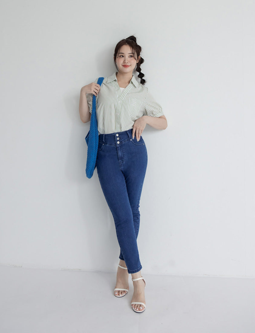 Faux Two Piece Stripe Collar Plus Size Top