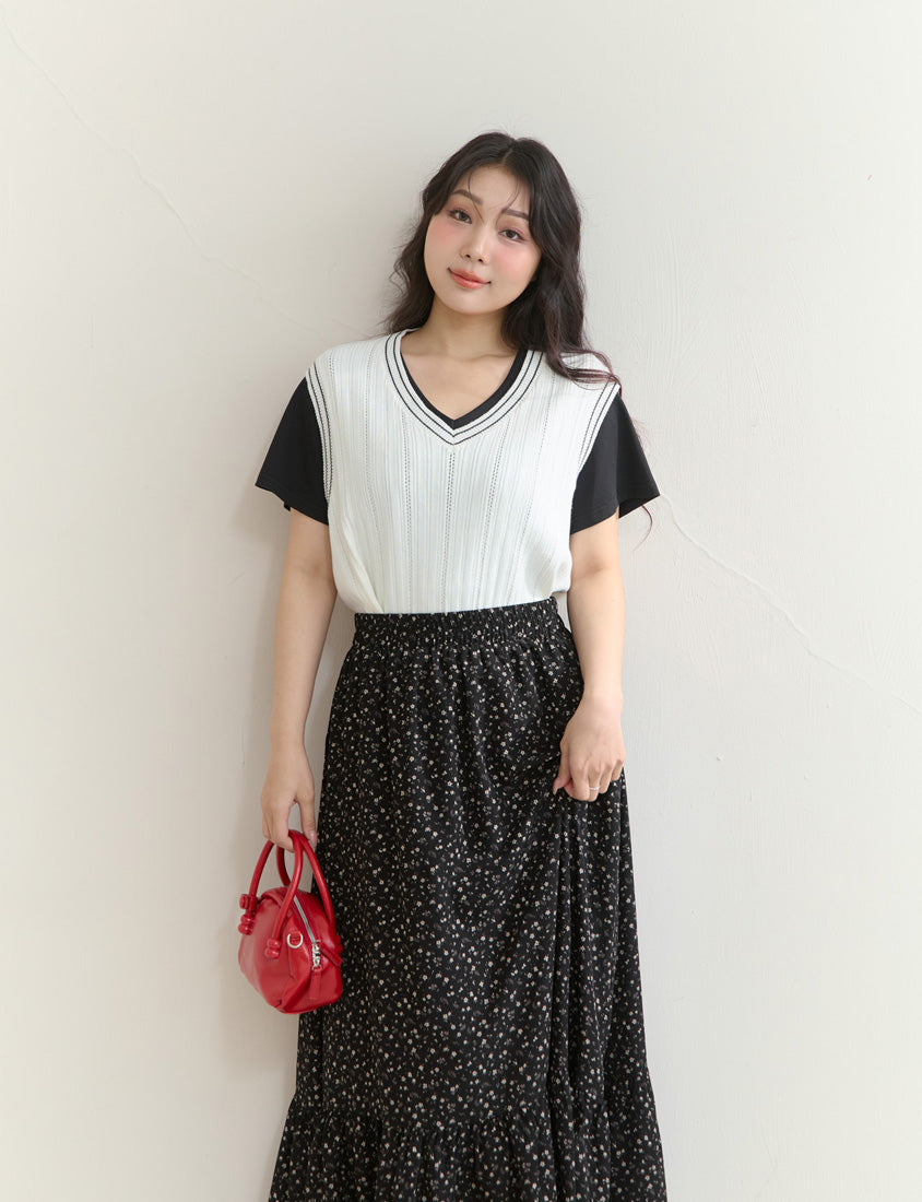Soft Floral Full Elastic Waist Plus Size Tiered Maxi Skirt