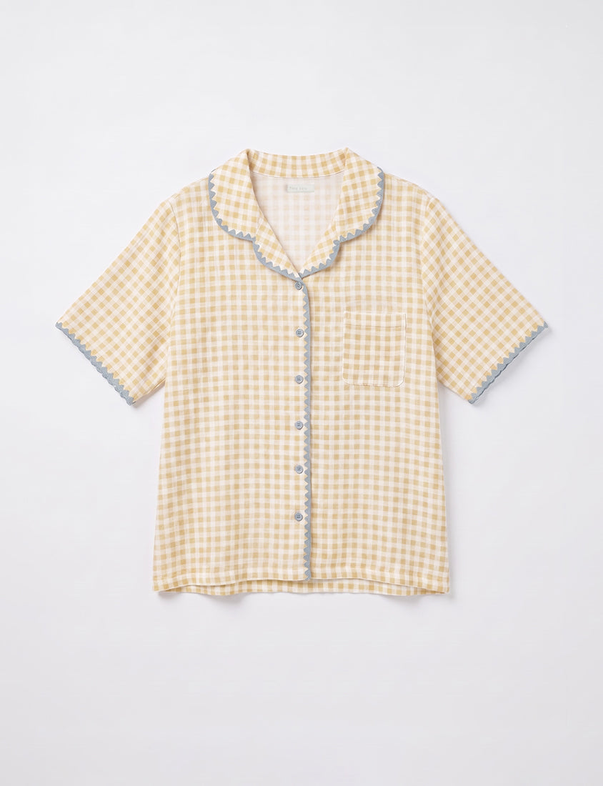 Skin-Friendly Gingham Contrast Frill Casual Plus Size Shirt