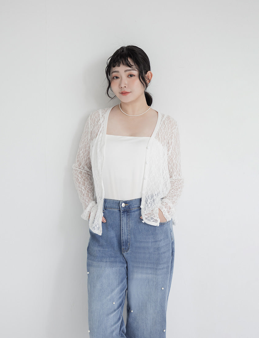 MISS. Fairy Lace Hollow Cut Button-Up Plus Size Cardigan