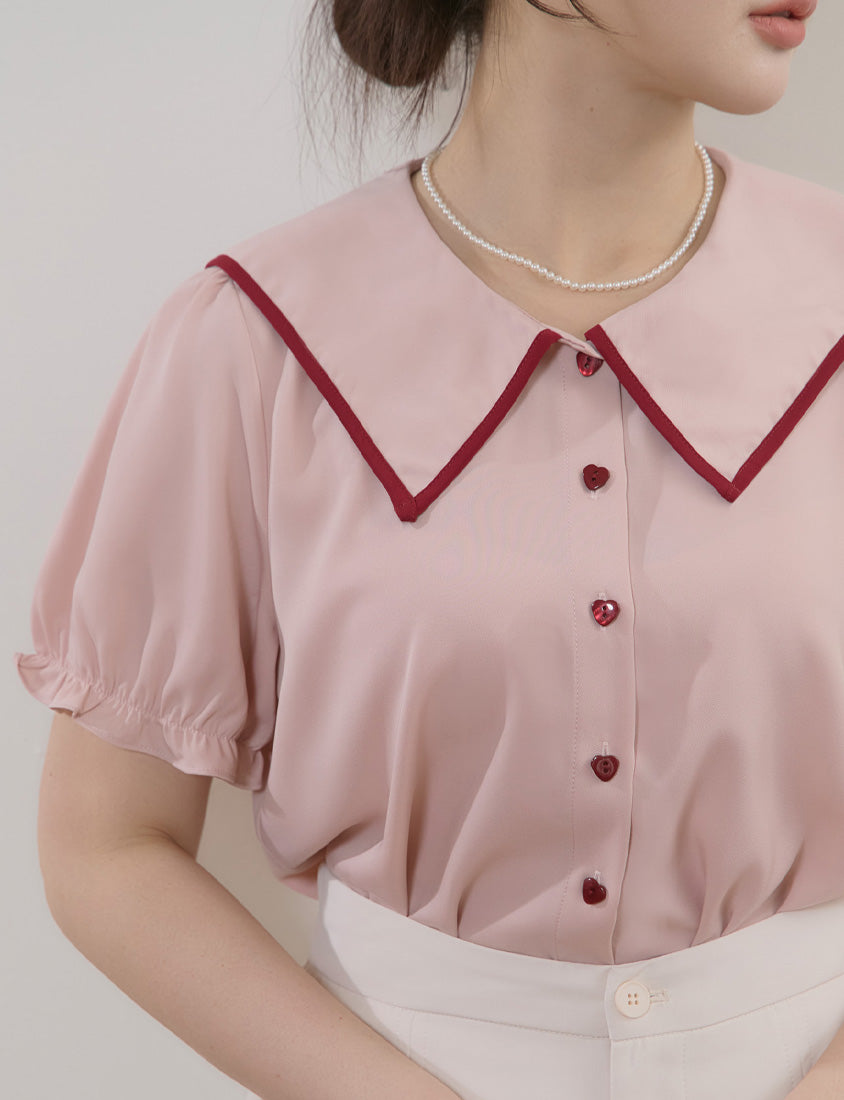 MISS. Contrast Doll Collar Heart Button Plus Size Shirt
