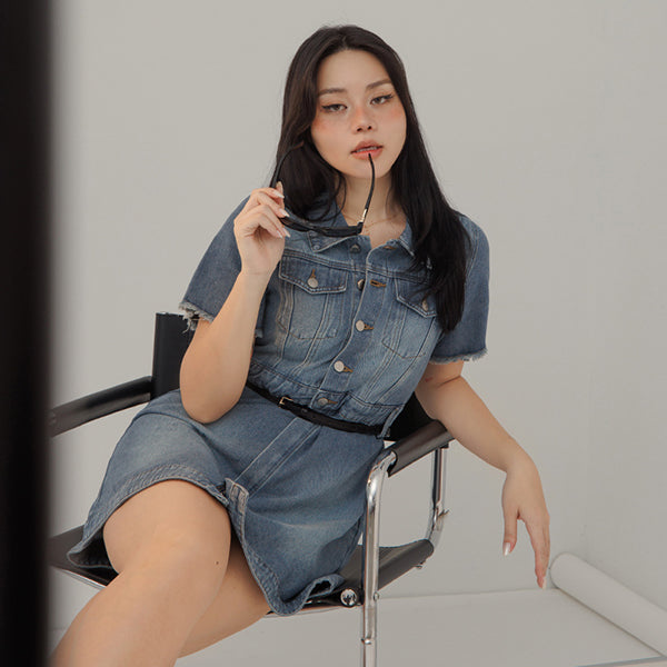 2-Way Stitch Detail Plus Size Denim Mini Dress