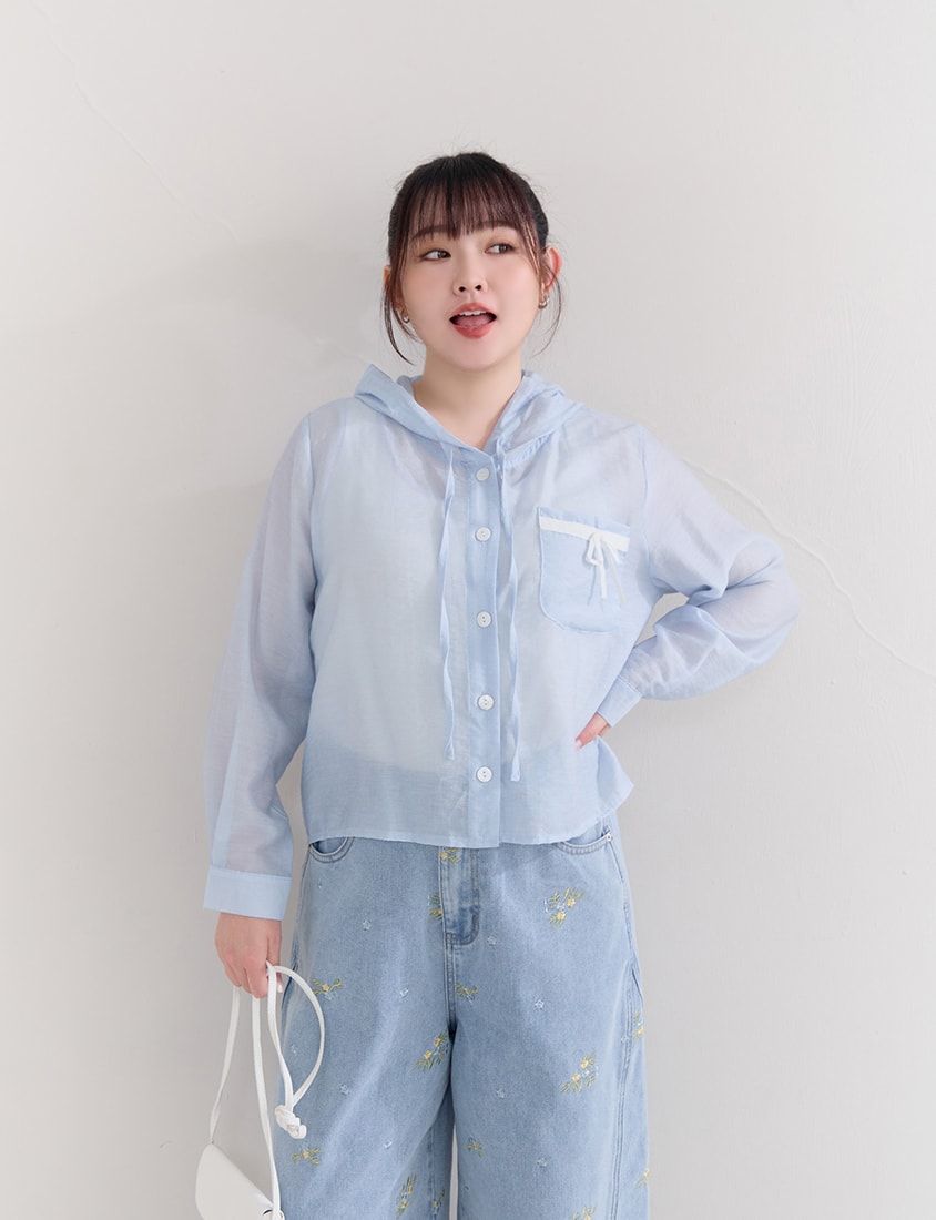 Cute Bow Pocket Sheer Hooded Plus Size Jacket