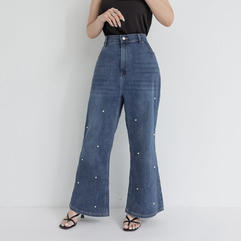 Pearl Embellished Stretch Denim Plus Size Wide Leg Pants