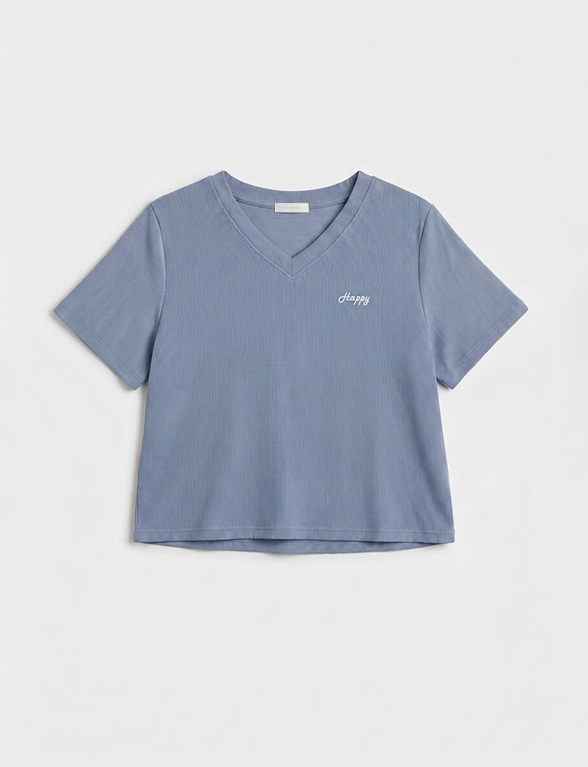 Soft Stretch Cotton Minimal Embroidered V-Neck Plus Size Tee