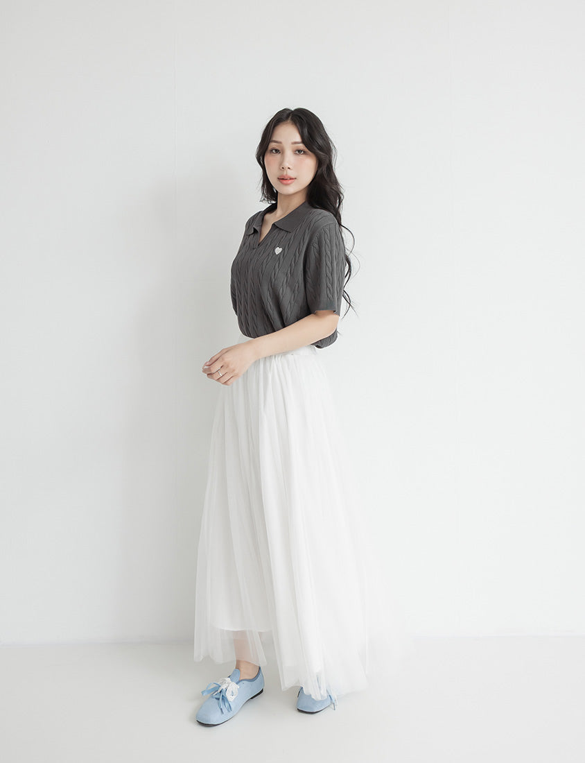 Heart Embroidered V-Neck Cable Knit Short Sleeve Plus Size Top