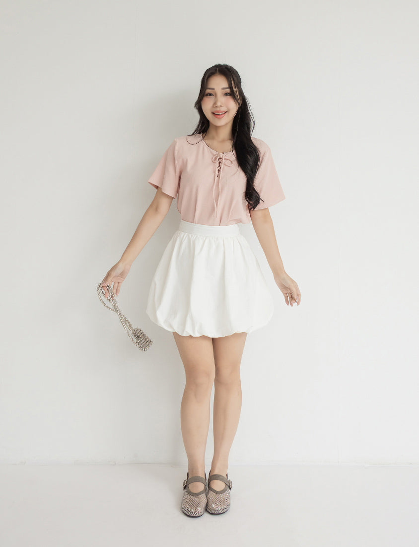 Ruffle Trim Ribbed Tie Front Short Sleeve Plus Size Top
