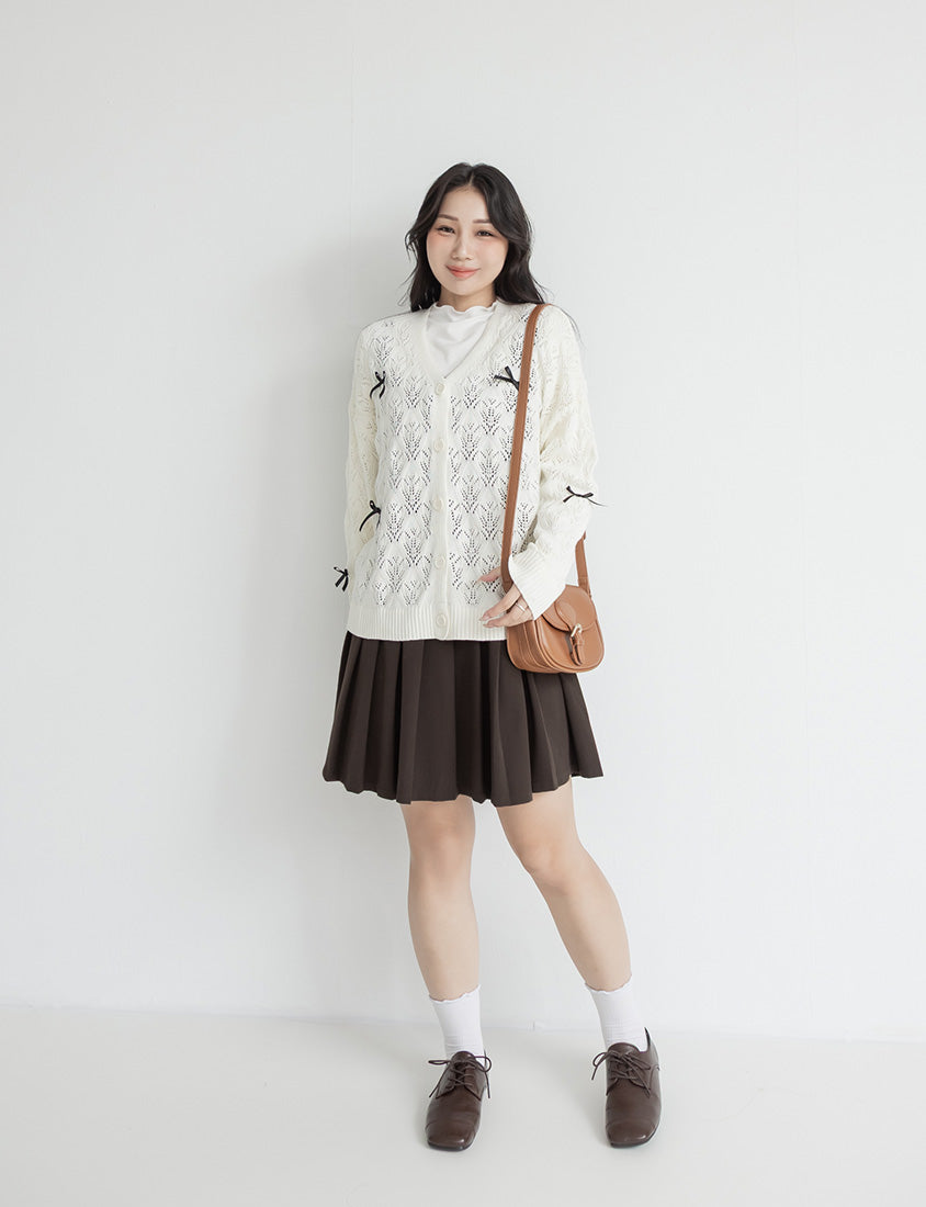 Sweet Bow-Detail Openwork Knit Plus Size Cardigan
