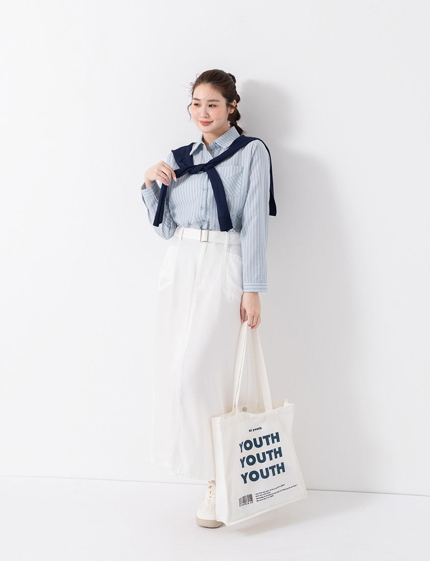Contrast Stripe Long Sleeve Plus Size Shirt (With Shawl)