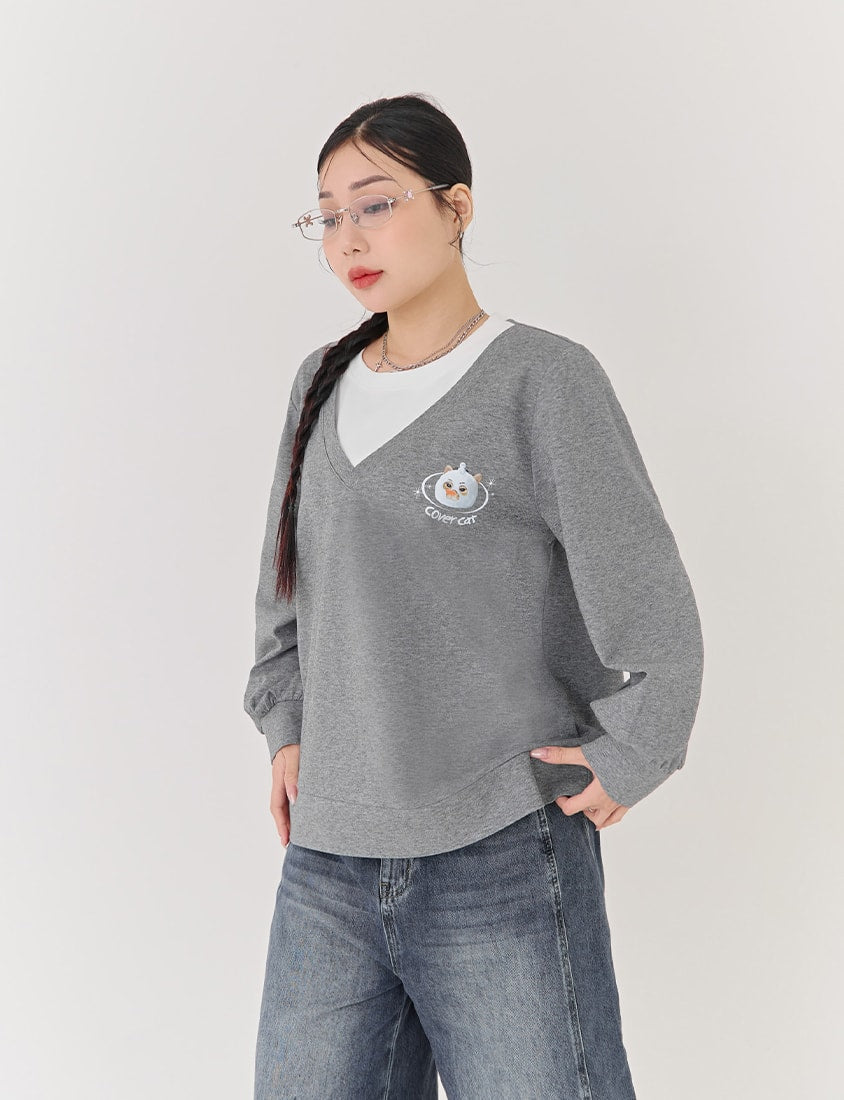 Snowball Cover Cat Faux Layered Plus Size Cloud Cotton Top (Unisex) (MIND.A.DAY Collaboration)
