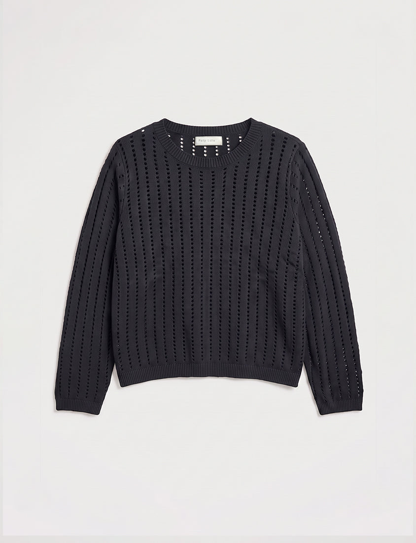 Crew Neck Openwork Ribbed Knit Long Sleeve Plus Size Top