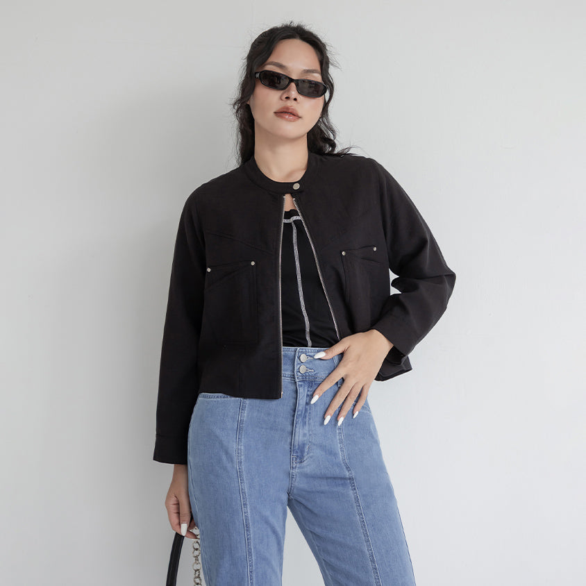 MUA! Lyocell Linen Contrast Stitch Plus Size Moto Jacket