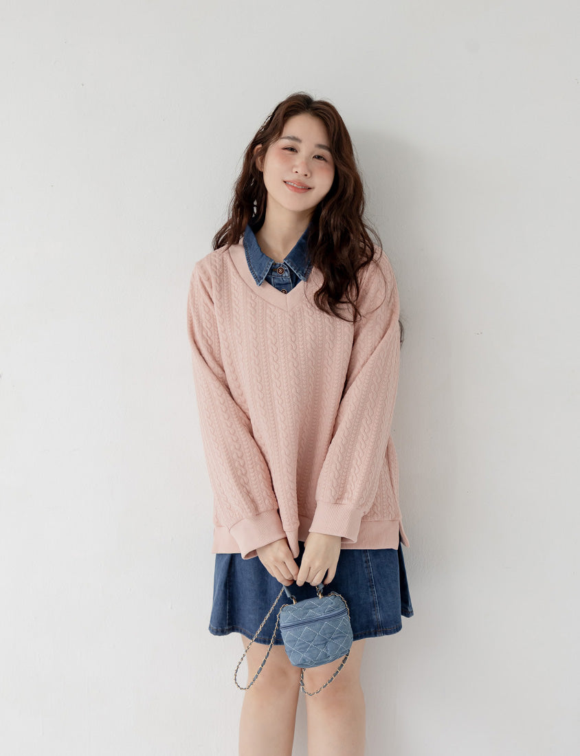 Korean Style V-Neck Embossed Cable Plus Size Sweater