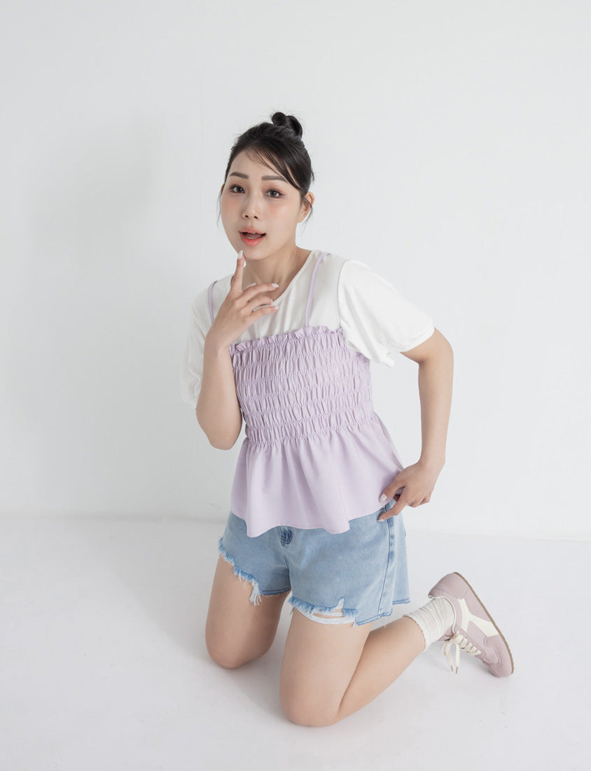 Sweet Crinkle Faux Two-Piece Short Sleeve Plus Size Top