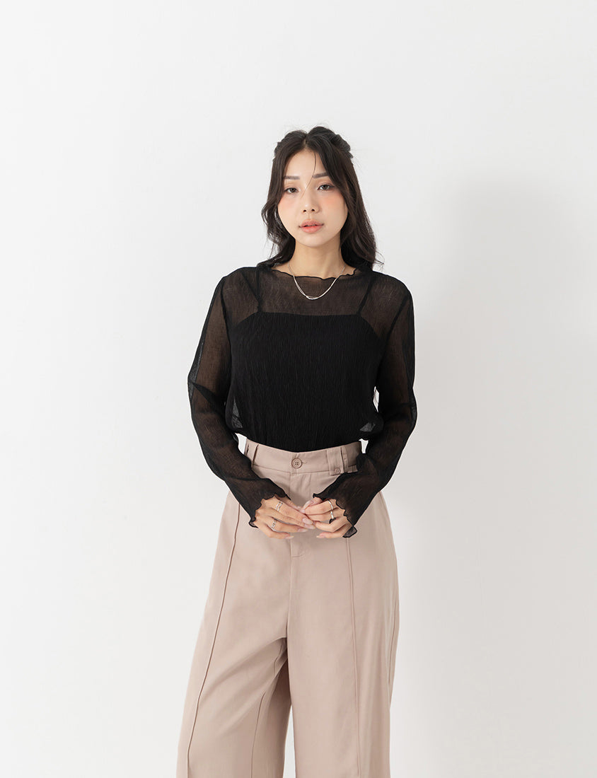 MISS. Ethereal Crinkle Sheer Mock-Neck Plus Size Top