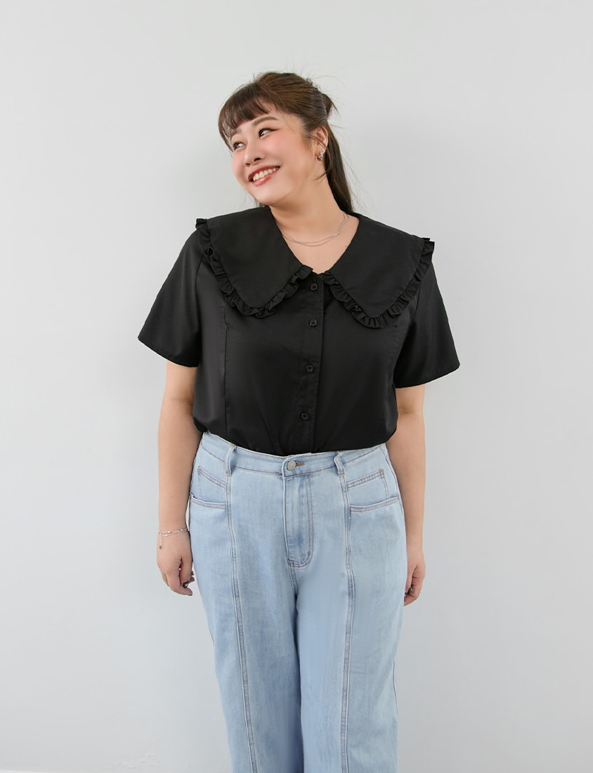 Playful Ruffle Collar Plus Size Short Sleeve Shirt