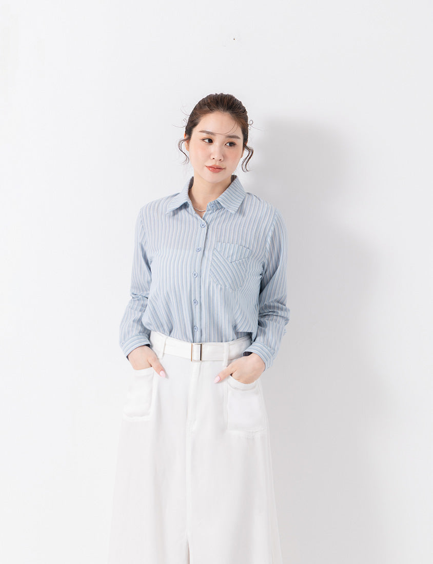 Contrast Stripe Long Sleeve Plus Size Shirt (With Shawl)