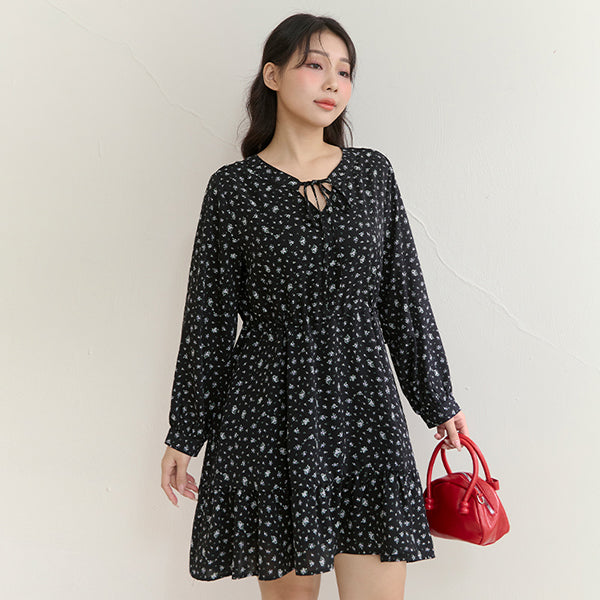Early Spring Floral Tie-Front Long Sleeve Plus Size Mini Dress