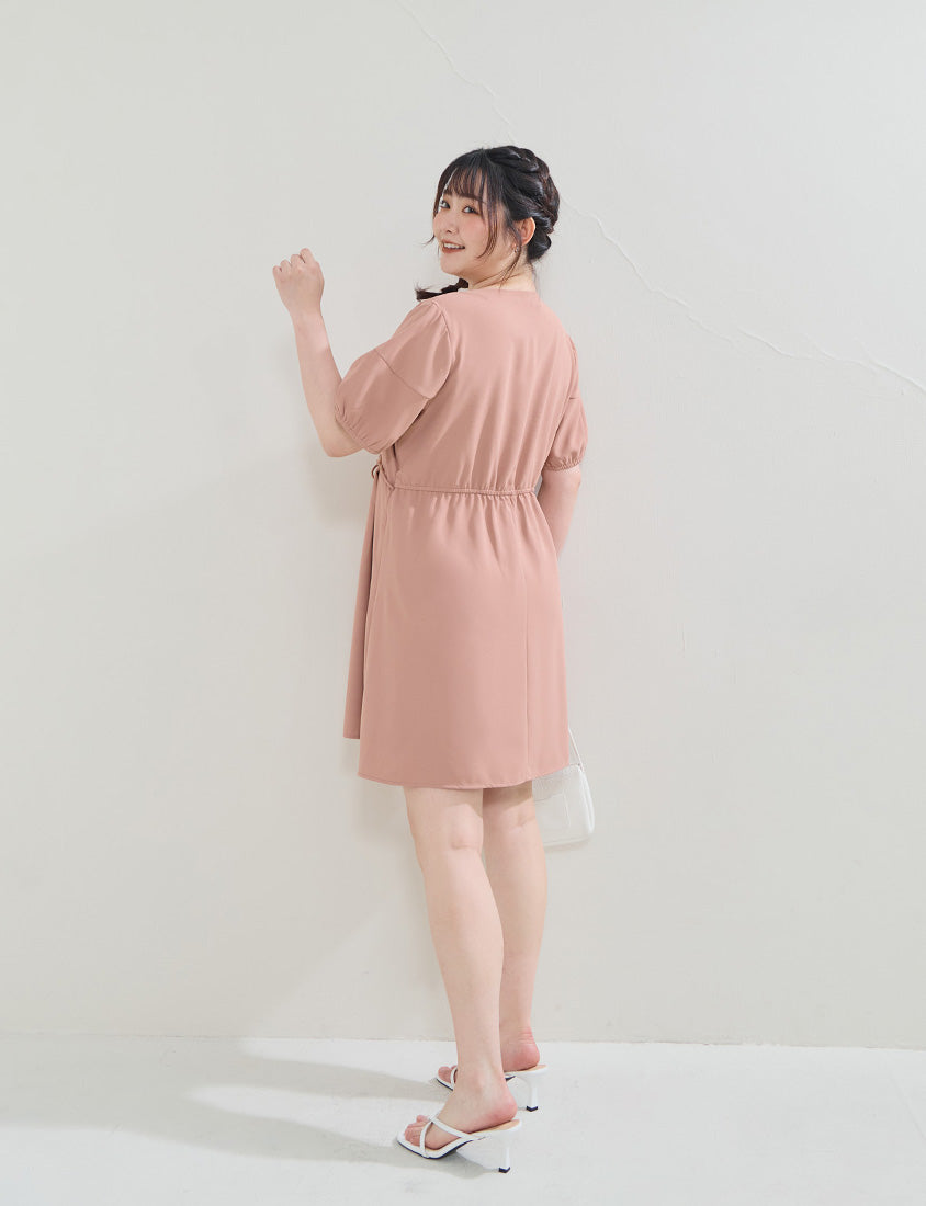 Faux Button Beaded Drawstring V-Neck Plus Size Mini Dress