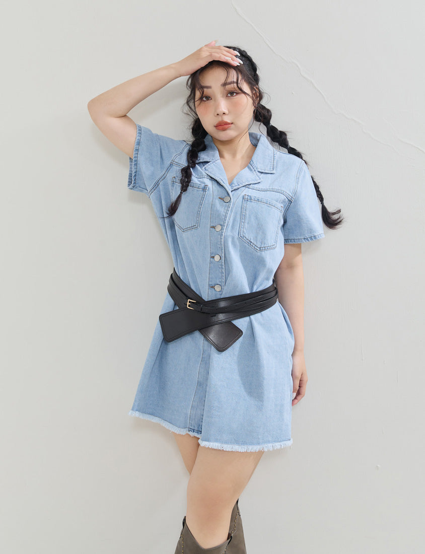 Frayed Hem Pocket Denim Plus Size Mini Dress